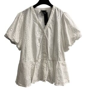 White‎ Eyelet Top Floral Embroidered Puff Sleeve Size 1X Coquette Cottagecore